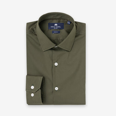 Army Green Stretch-Cotton Poplin Shirt Slim Fit