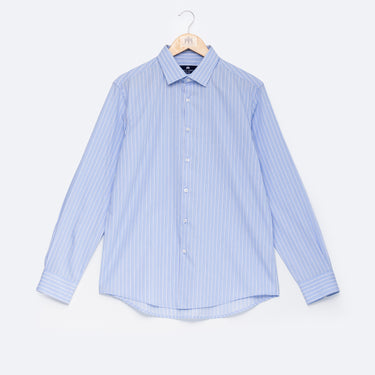 Camisa Azul Riscas Brancas e Marinho Slim