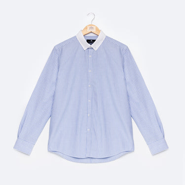 Camisa Oxford Riscas Azul Colarinho Contraste Slim