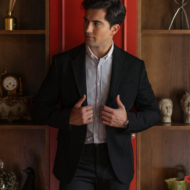 Camisa Oxford Riscas Marinho Colarinho Contraste Regular