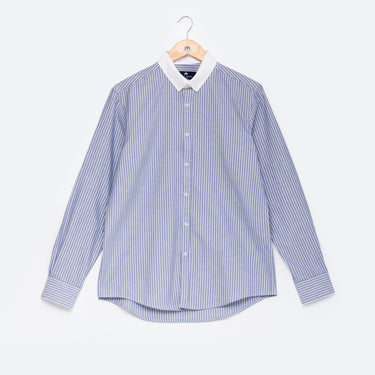 Camisa Oxford Riscas Marinho Colarinho Contraste Slim