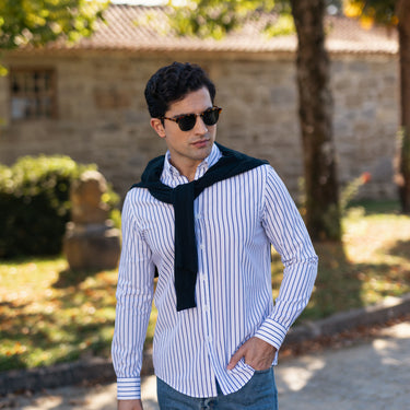   Camisa Branca BD Risca Azul Slim